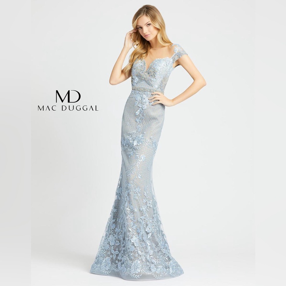 Mac Duggal Sky Blue Floral Lace Gown